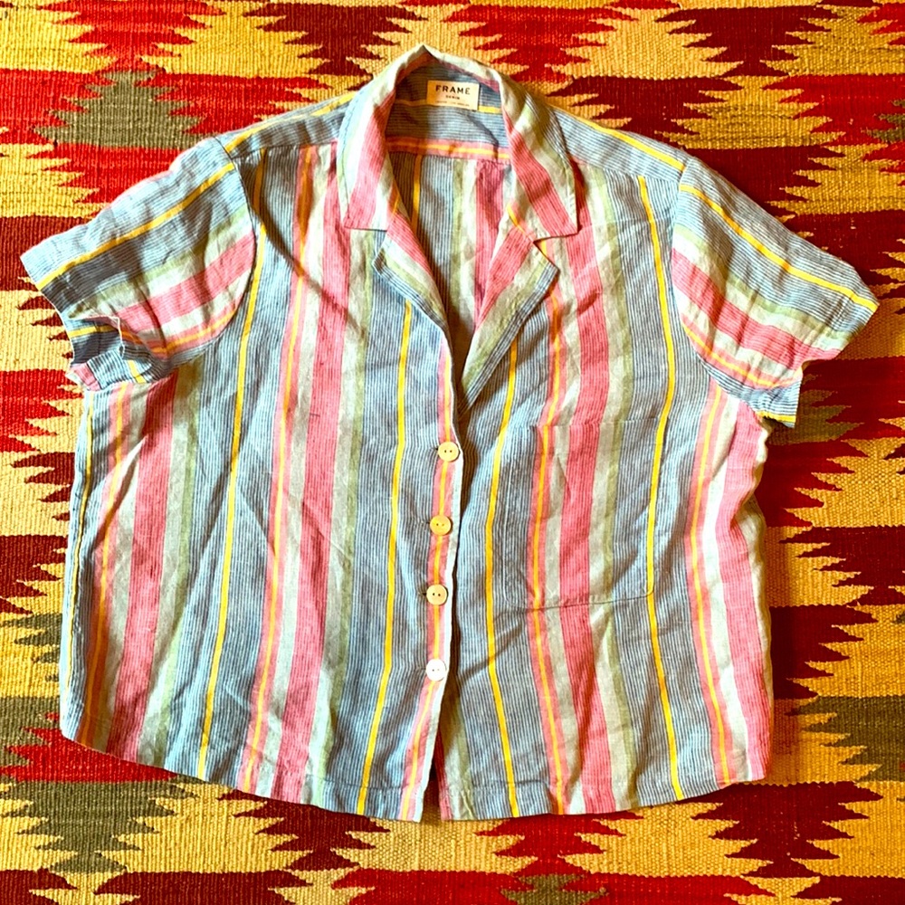 Frame Denim Button-Up Short Sleeve Striped Blouse M